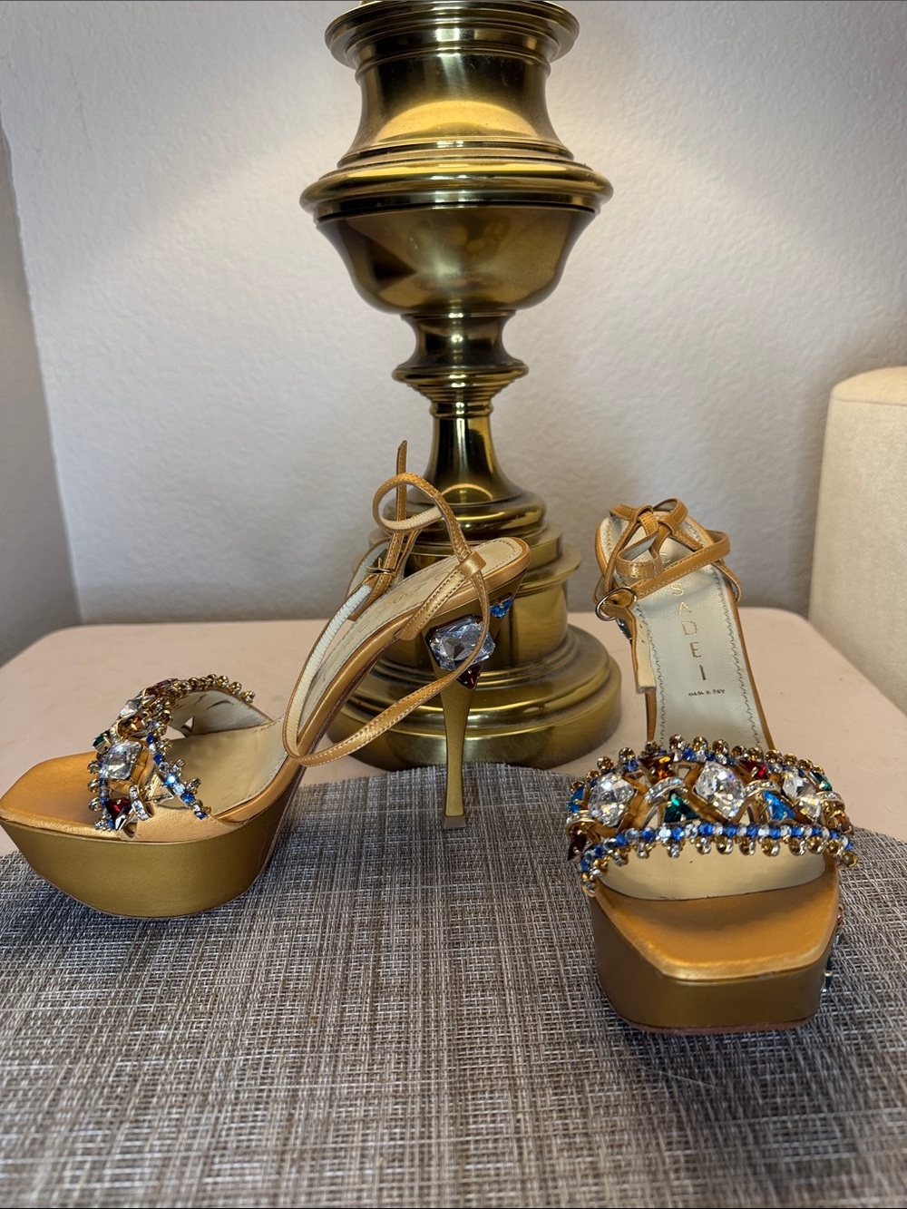 Casadei Gold Jeweled Platform Sandals with Multicolor Gems
